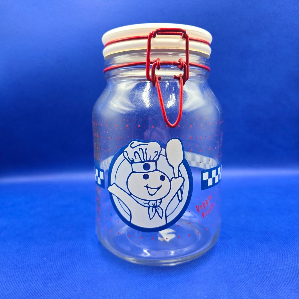Vintage Pillsbury Doughboy Poppin Fresh Glass Canister Red Wire Bail Lid 8in